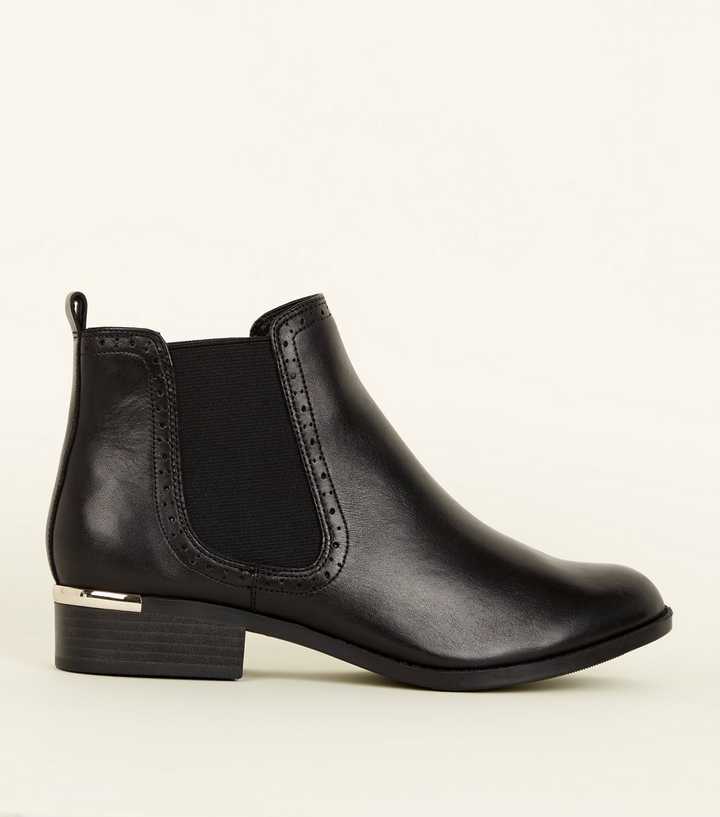 Black Leather Metal Trim Brogue Chelsea Boots