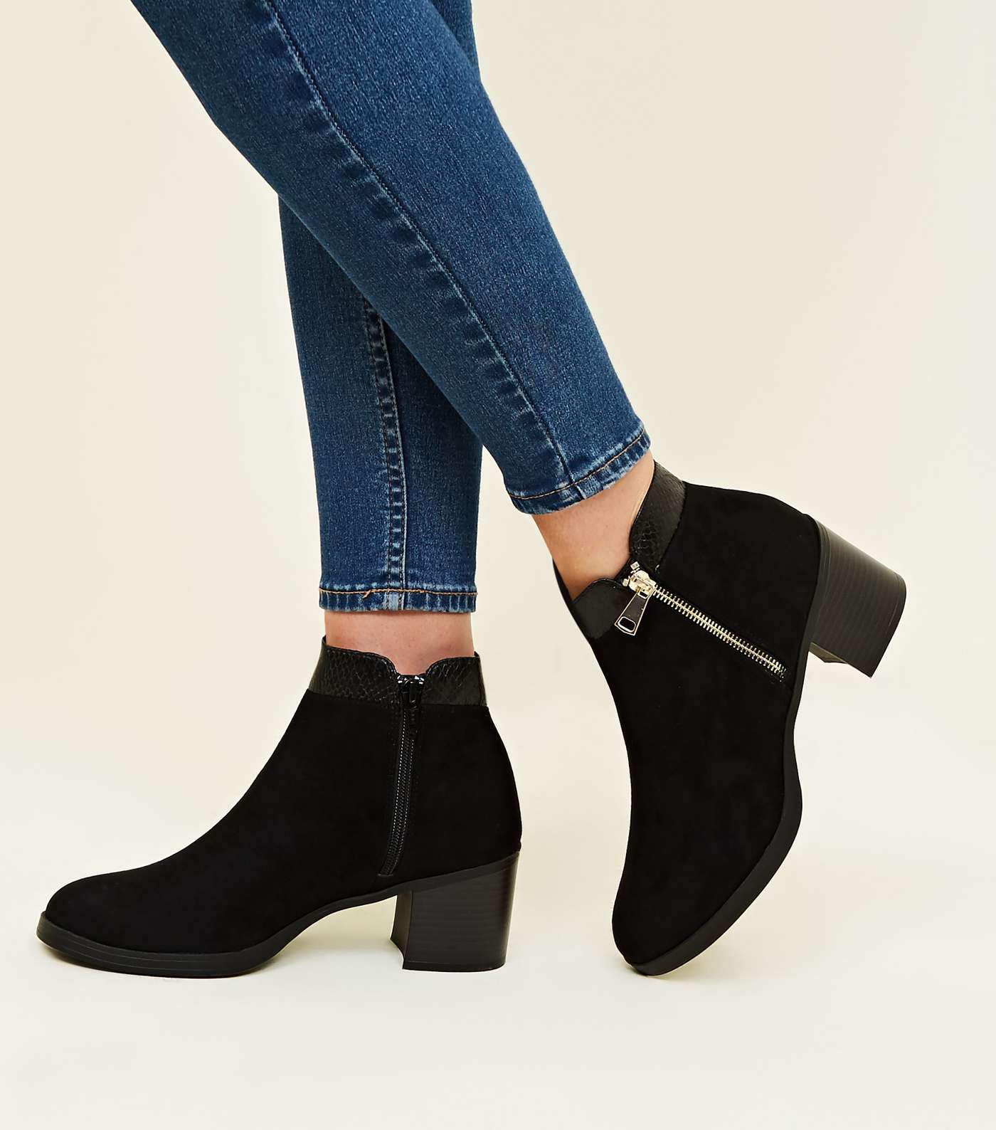Black Comfort Suedette Mid Heel Ankle Boots Image 2