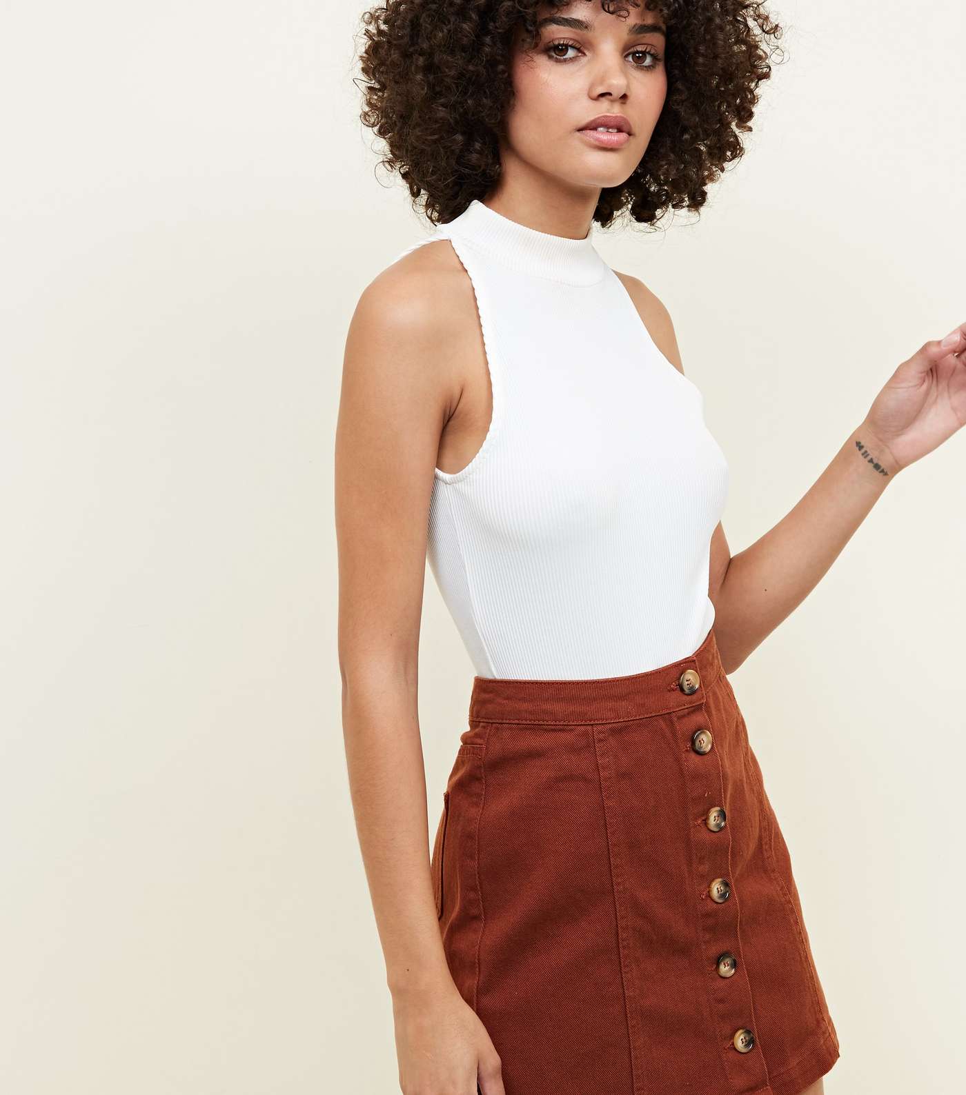 Brown Button Front A-Line Denim Skirt