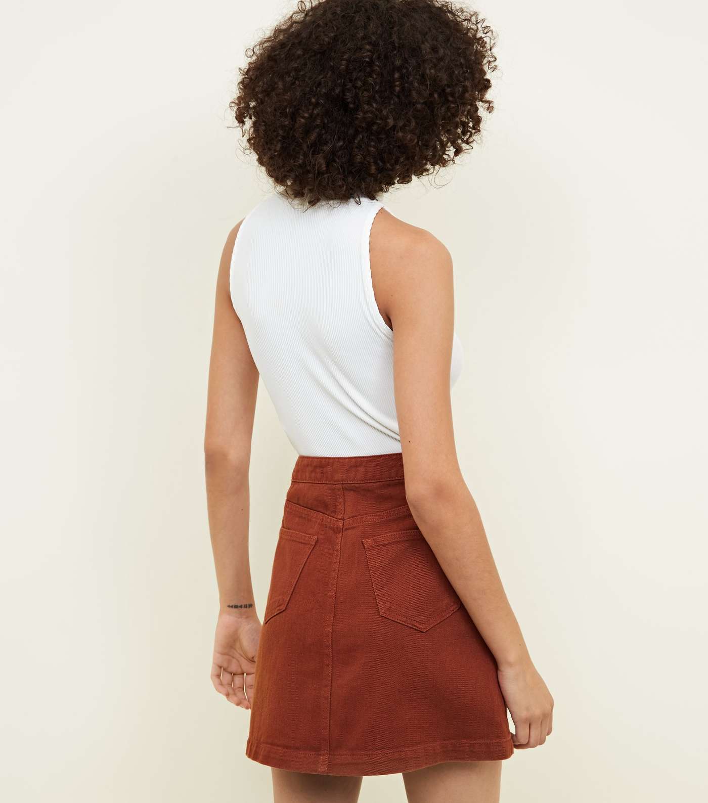 Brown Button Front A-Line Denim Skirt Image 3