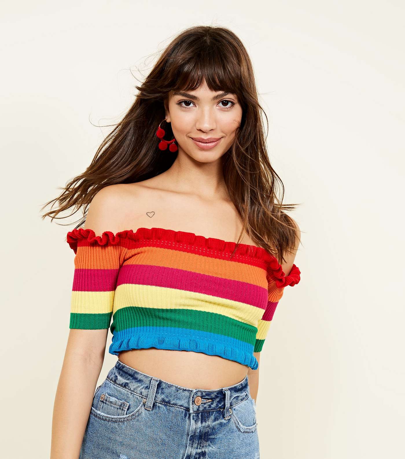 Rainbow Stripe Frill Bardot Crop Top