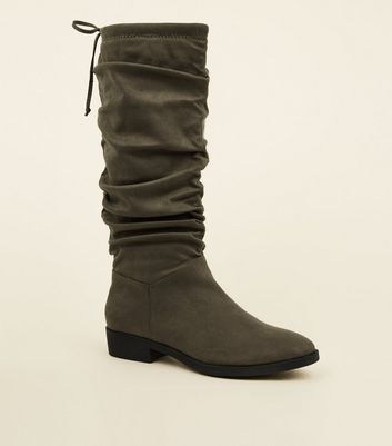 Khaki Suedette Slouchy Knee High Boots