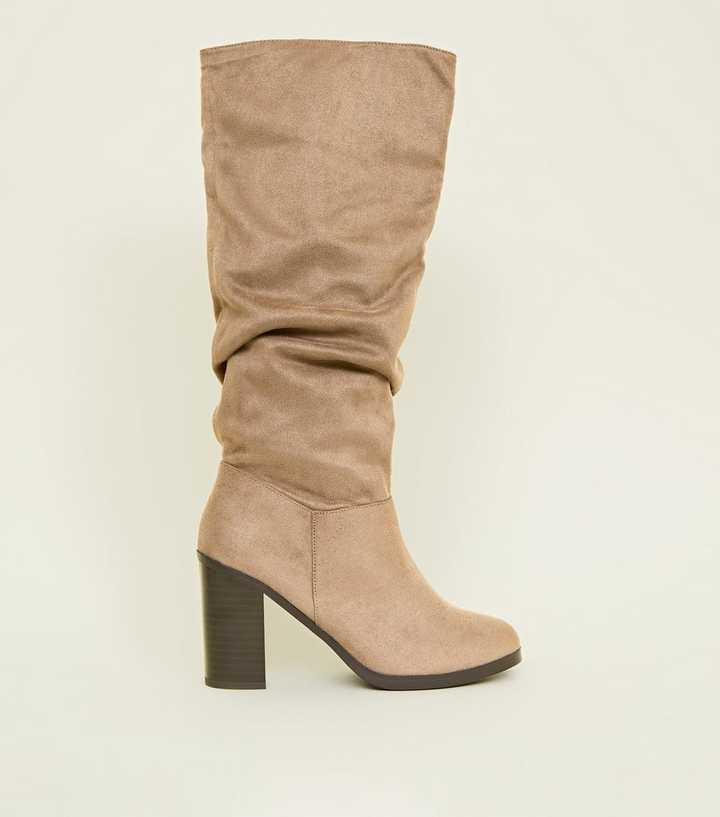 Light Brown Block Heel Knee High Boots 