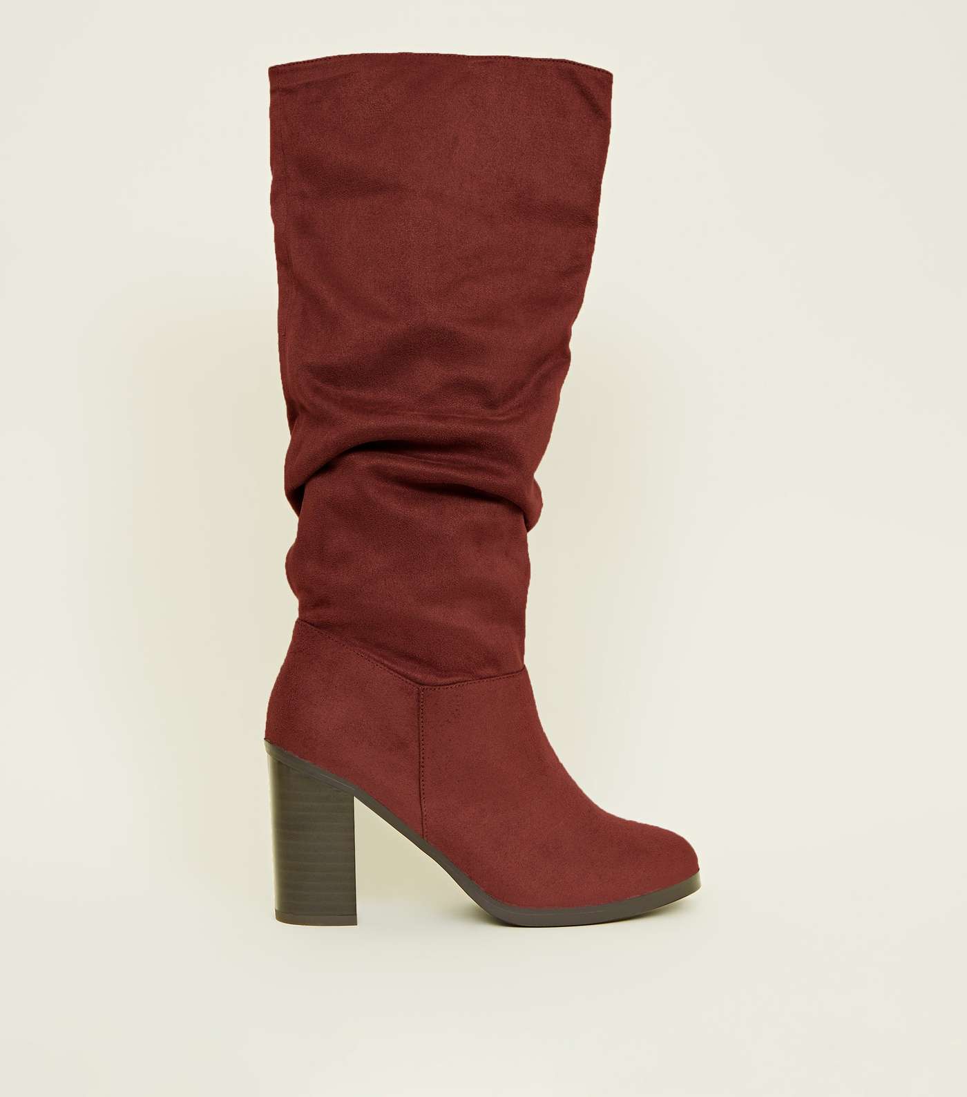 Dark Red Block Heel Knee High Boots 