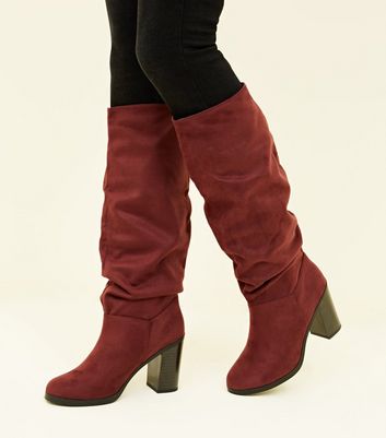 Dark Red Block Heel Knee High Boots New Look