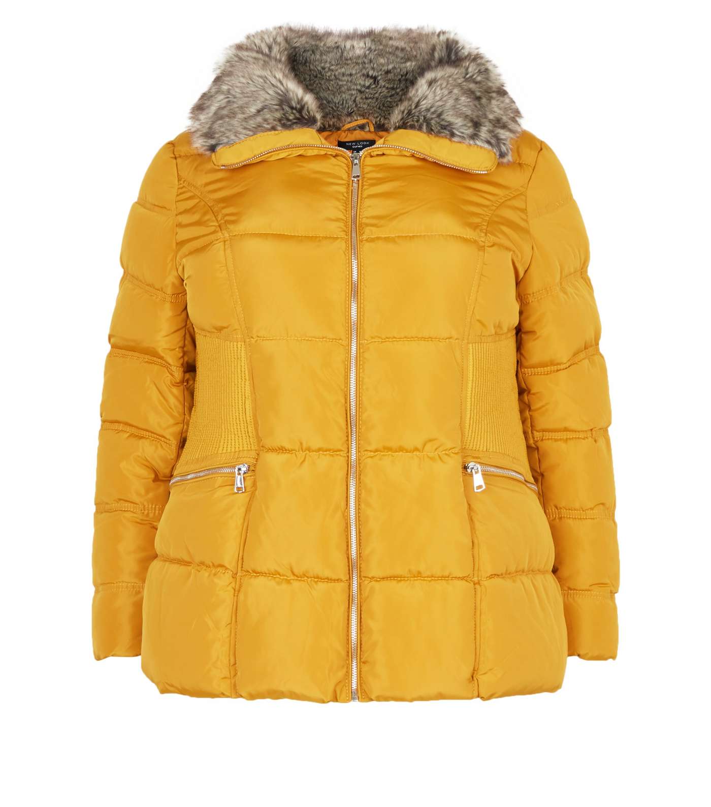 Curves Mustard Cinched Faux-Fur Collar Puffer Coat Image 4