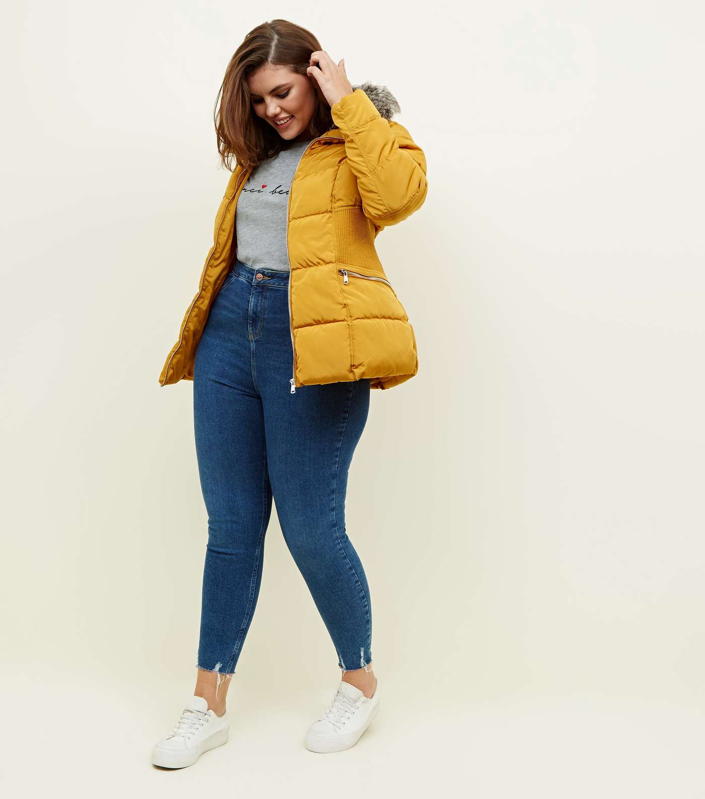 Curves Mustard Cinched Faux-Fur Collar Puffer Coat Image 2