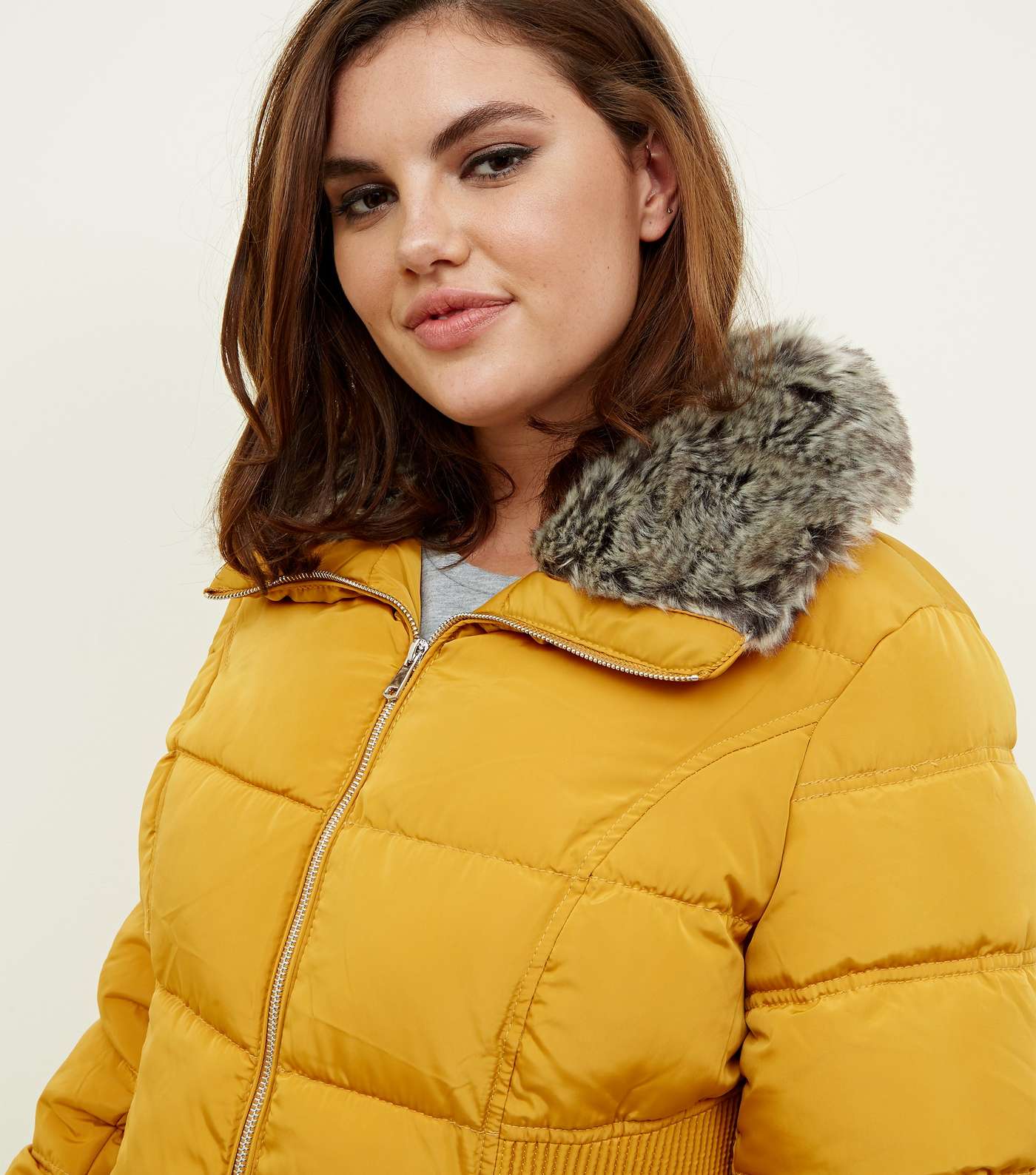 Curves Mustard Cinched Faux-Fur Collar Puffer Coat Image 6