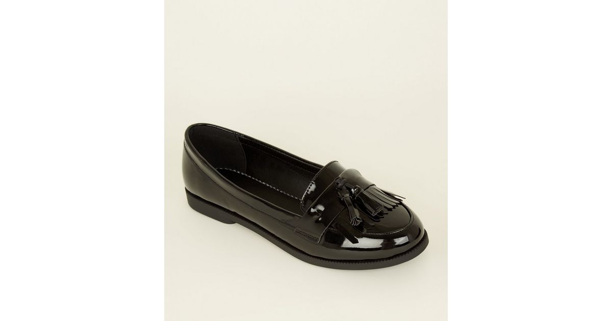 Black Patent Tassel Fringe Trim Loafers New Look