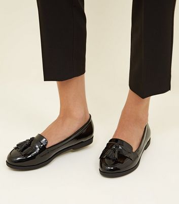 womens black patent loafers with tassels