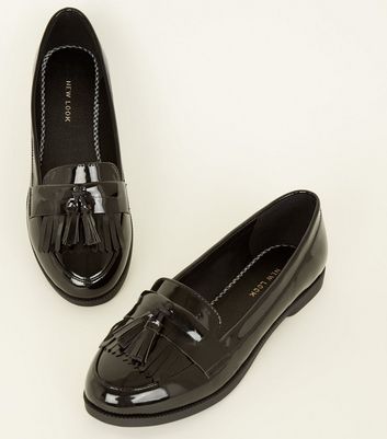 black patent tassel fringe trim loafers