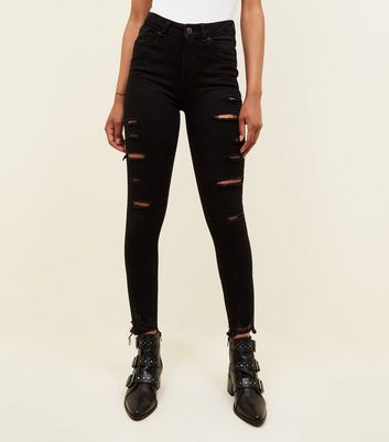 new look high waisted black ripped jeans