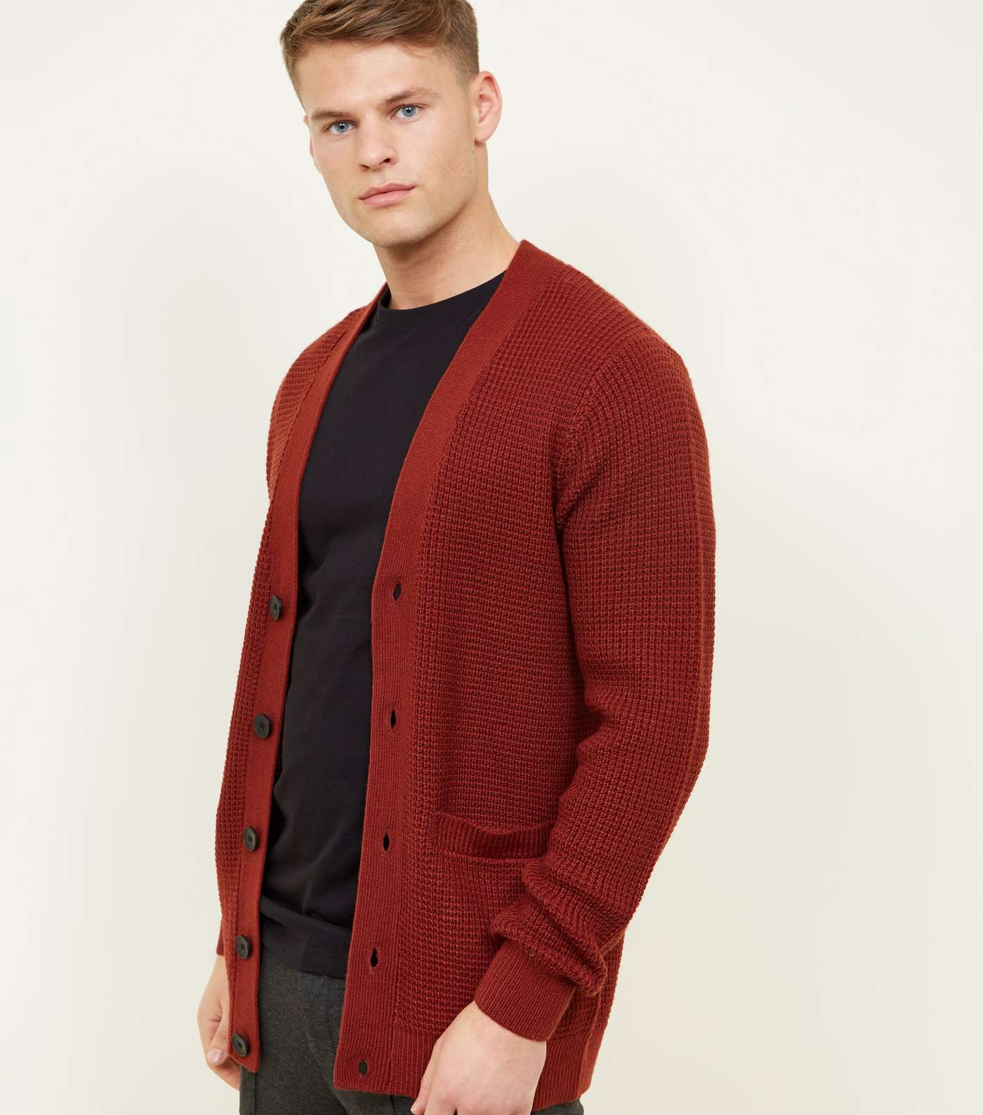 Rust Tuck Stitch Knit Button Front Cardigan