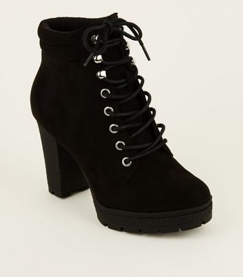 wide fit black suedette block heel chunky boots