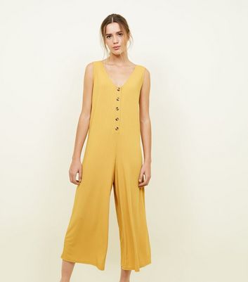 Mustard Ribbed Button Front Jumpsuit New Look