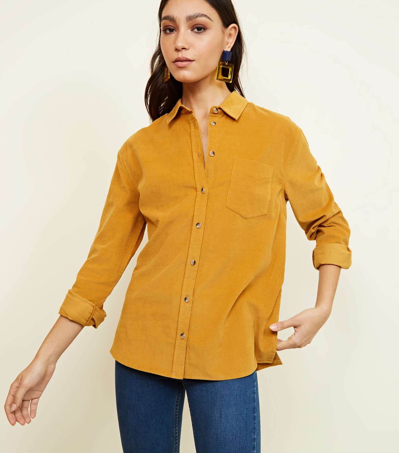 Mustard Corduroy Long Sleeve Collared Shirt Image 3