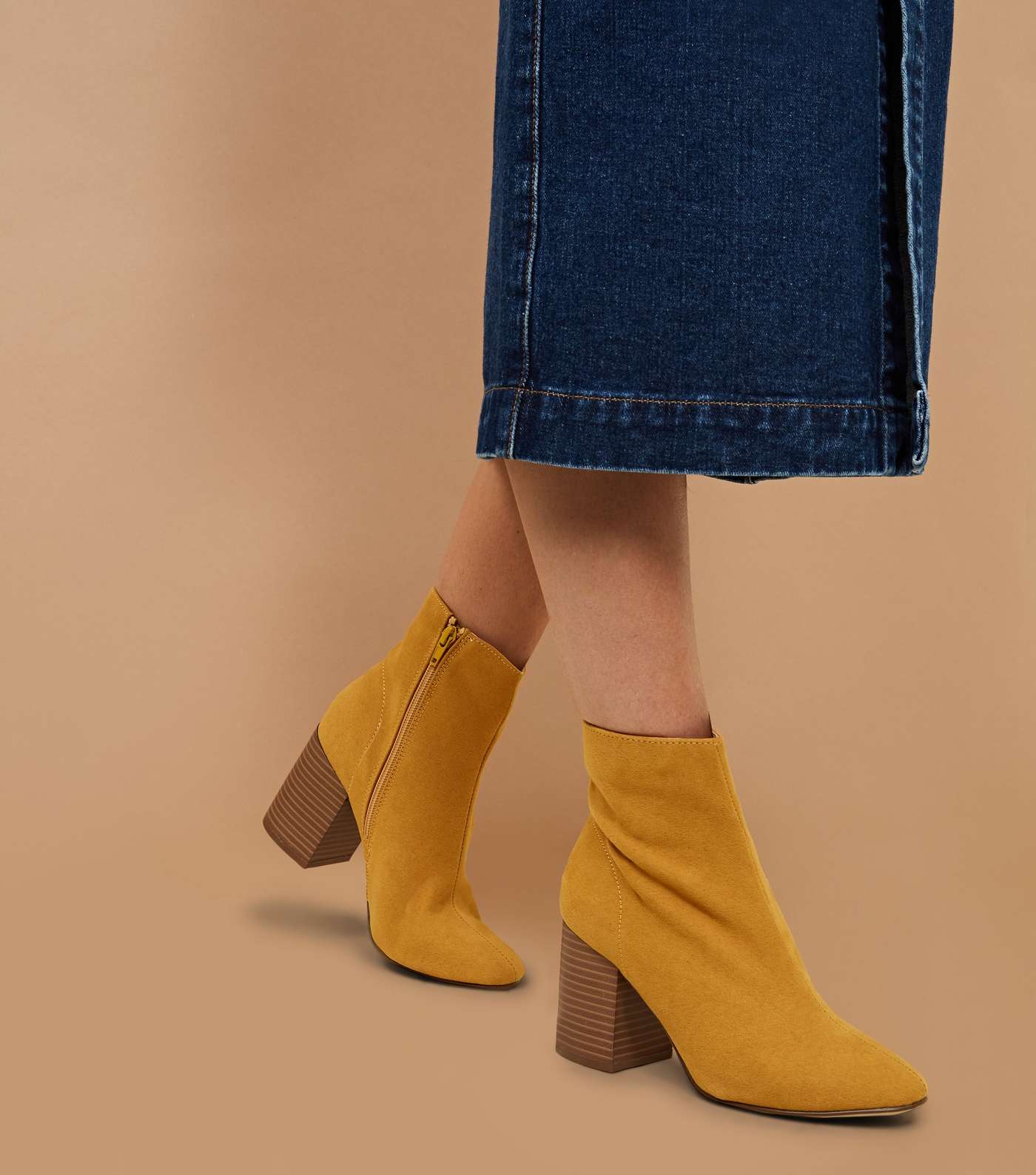 Mustard Suedette Block Heel Ankle Boots Image 2