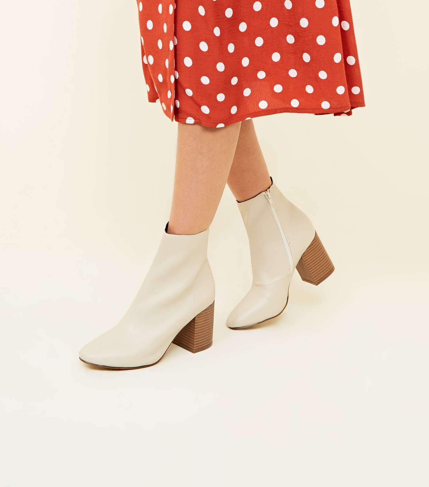 Cream Leather-Look Wood Heel Ankle Boots Image 2