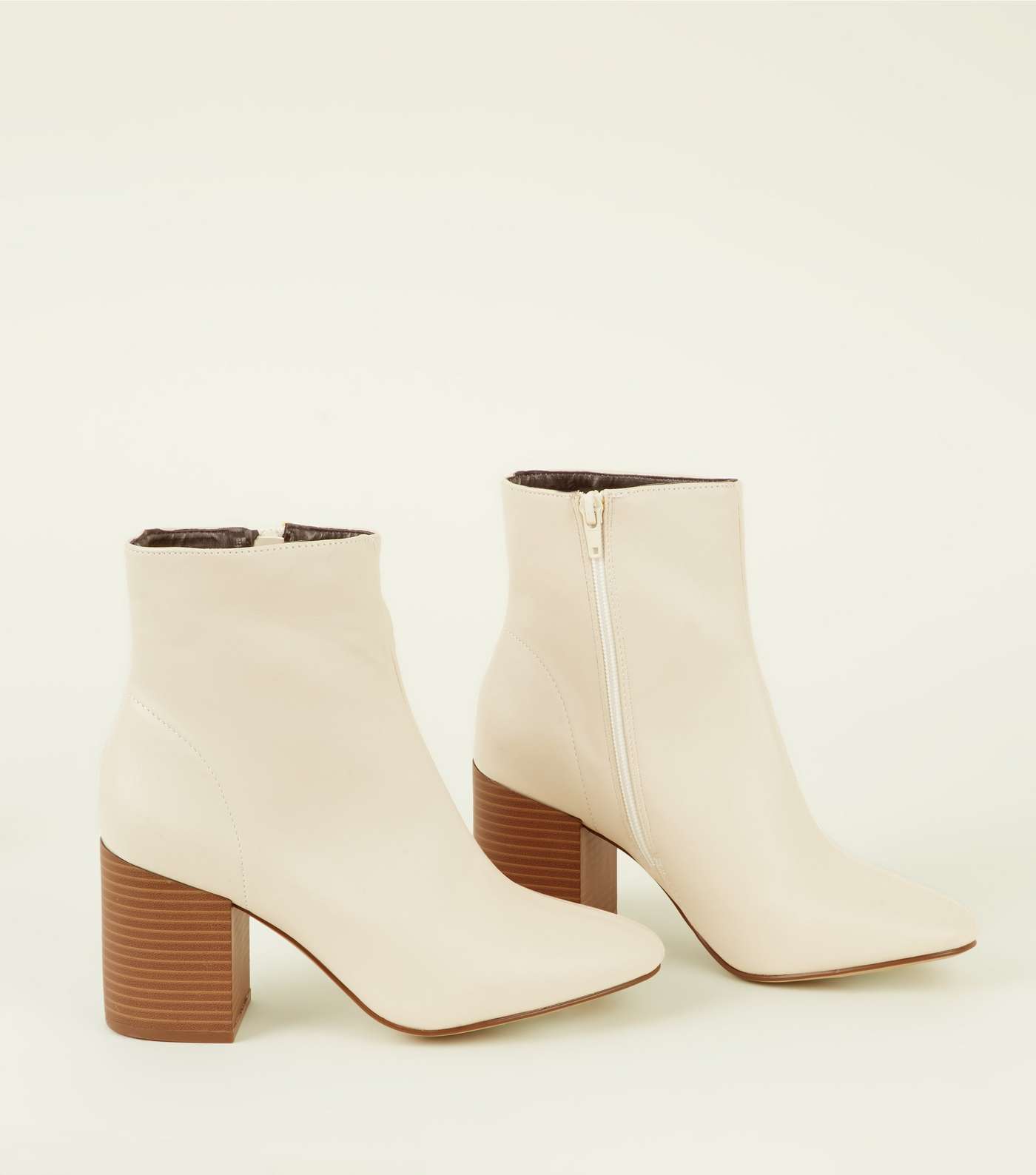 Cream Leather-Look Wood Heel Ankle Boots Image 4