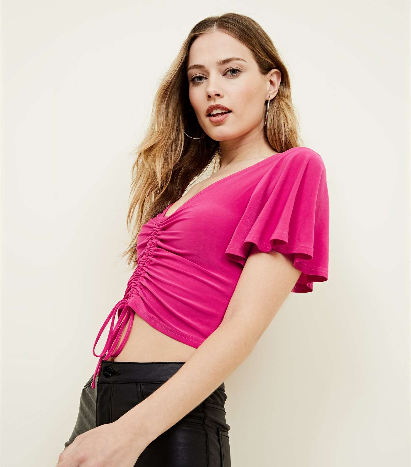 Bright Pink Ruched Front Flutter Sleeve Top