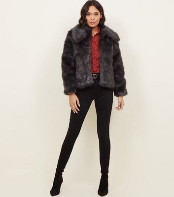 new look faux fur short coat in grey
