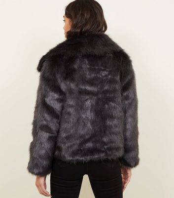 Dark grey collared faux fashion fur jacket