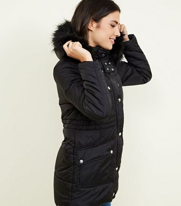 new look longline faux fur hooded jacket in black