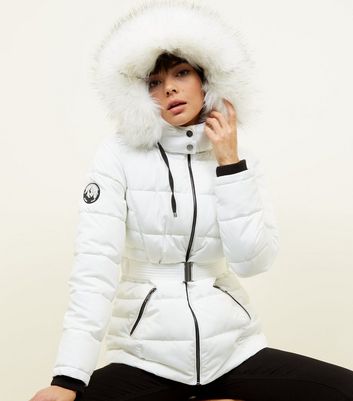 White Faux Fur Hood Belted Puffer 