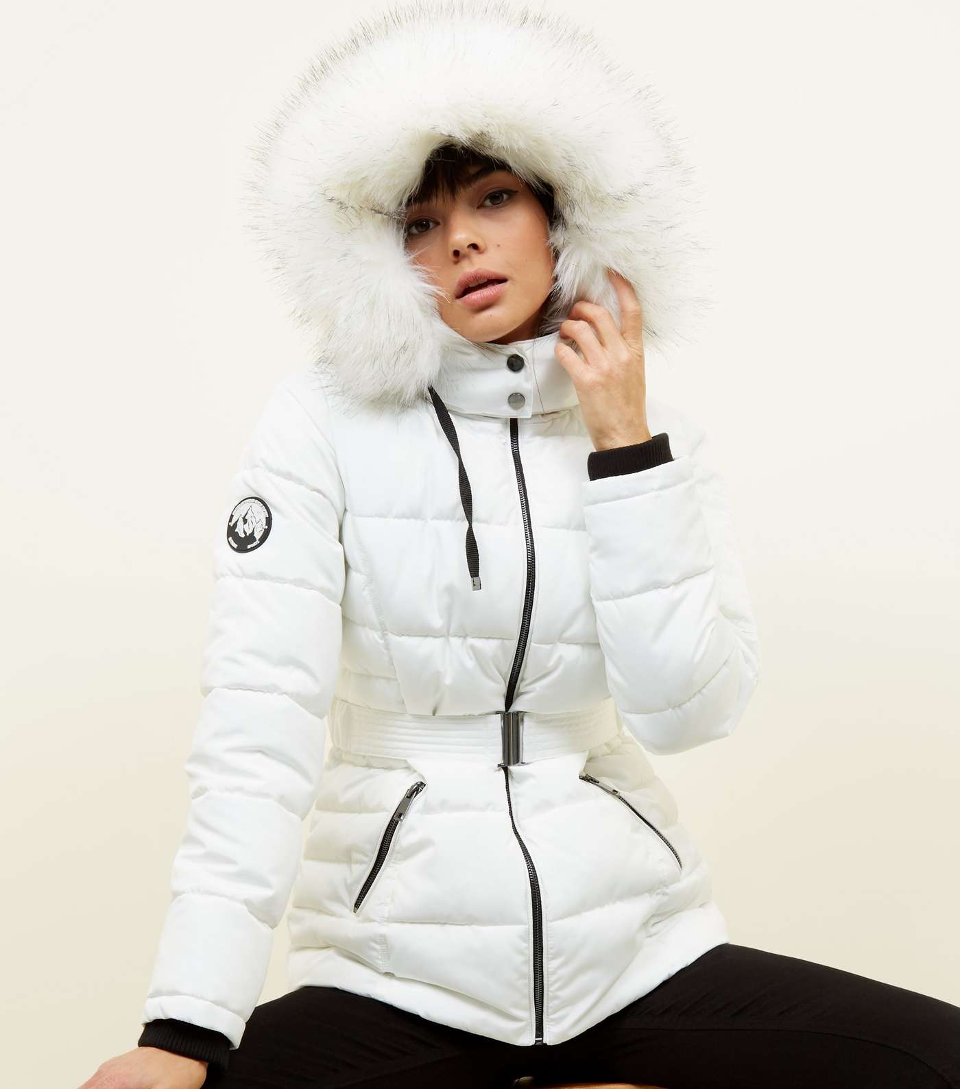 White Faux Fur Hood Belted Puffer Jacket 