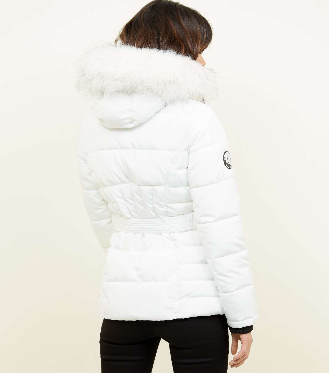 White Faux Fur Hood Belted Puffer Jacket  Image 3