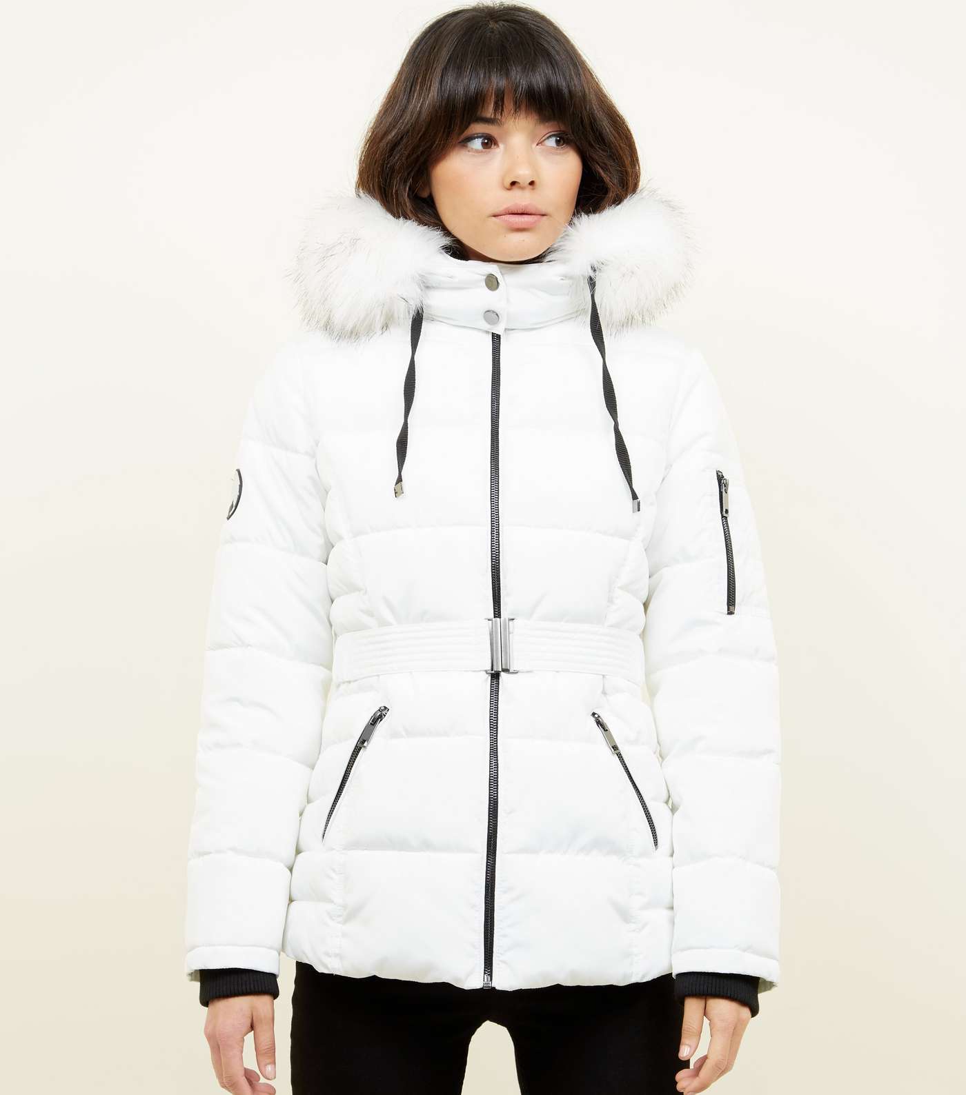White Faux Fur Hood Belted Puffer Jacket  Image 5
