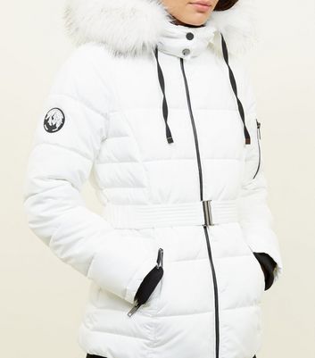 Faux Fur Hood Belted Puffer Jacket 