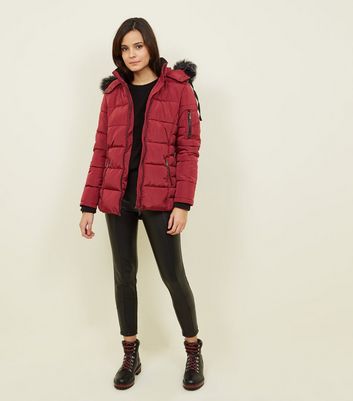 Burgundy Faux Fur Hood Belted Puffer Jacket New Look