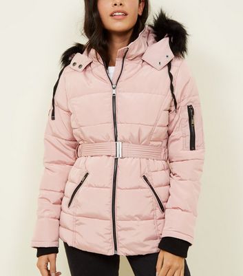 Pale Pink Faux Fur Hood Belted Puffer 