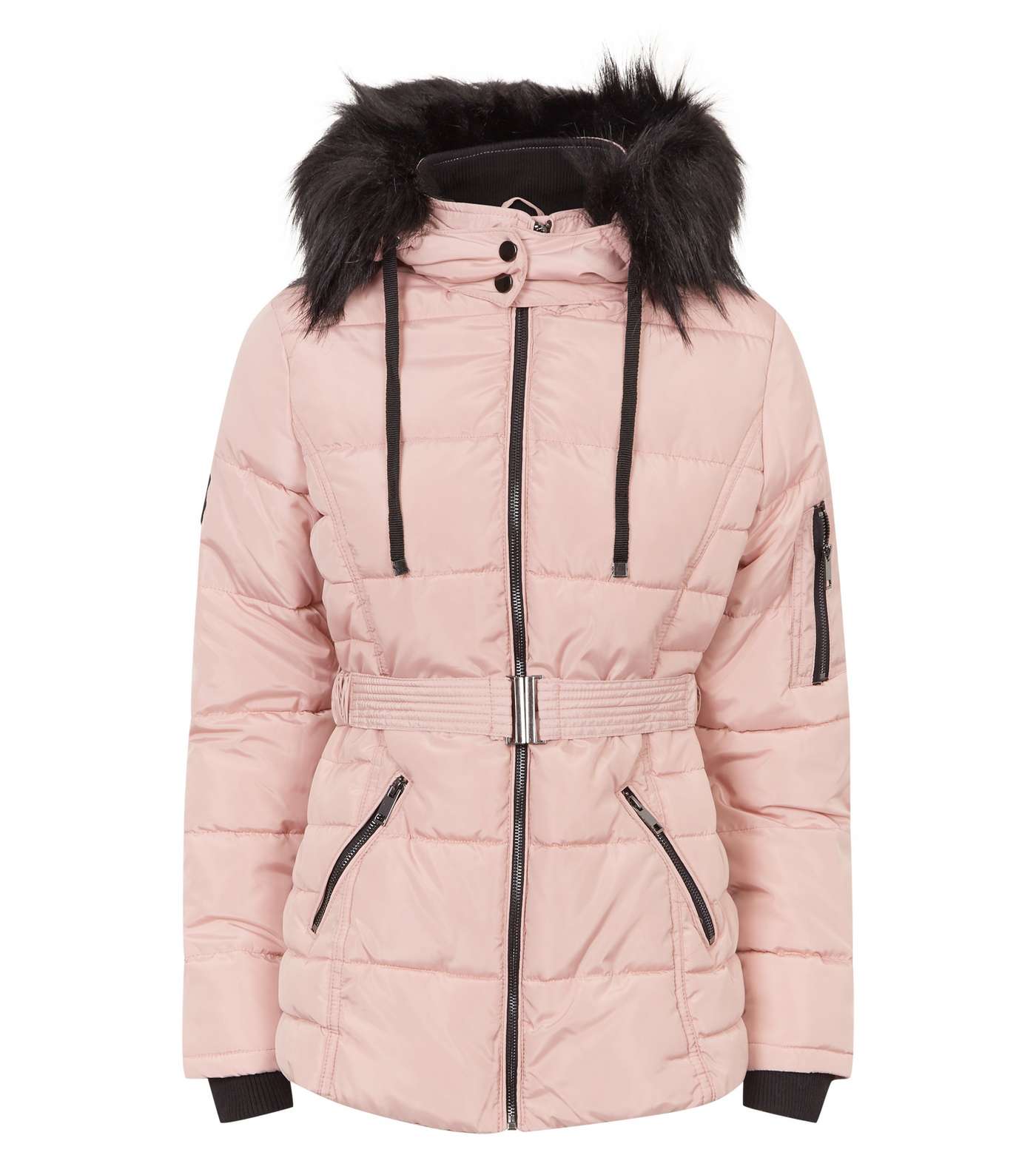 Pale Pink Faux Fur Hood Belted Puffer Jacket  Image 4