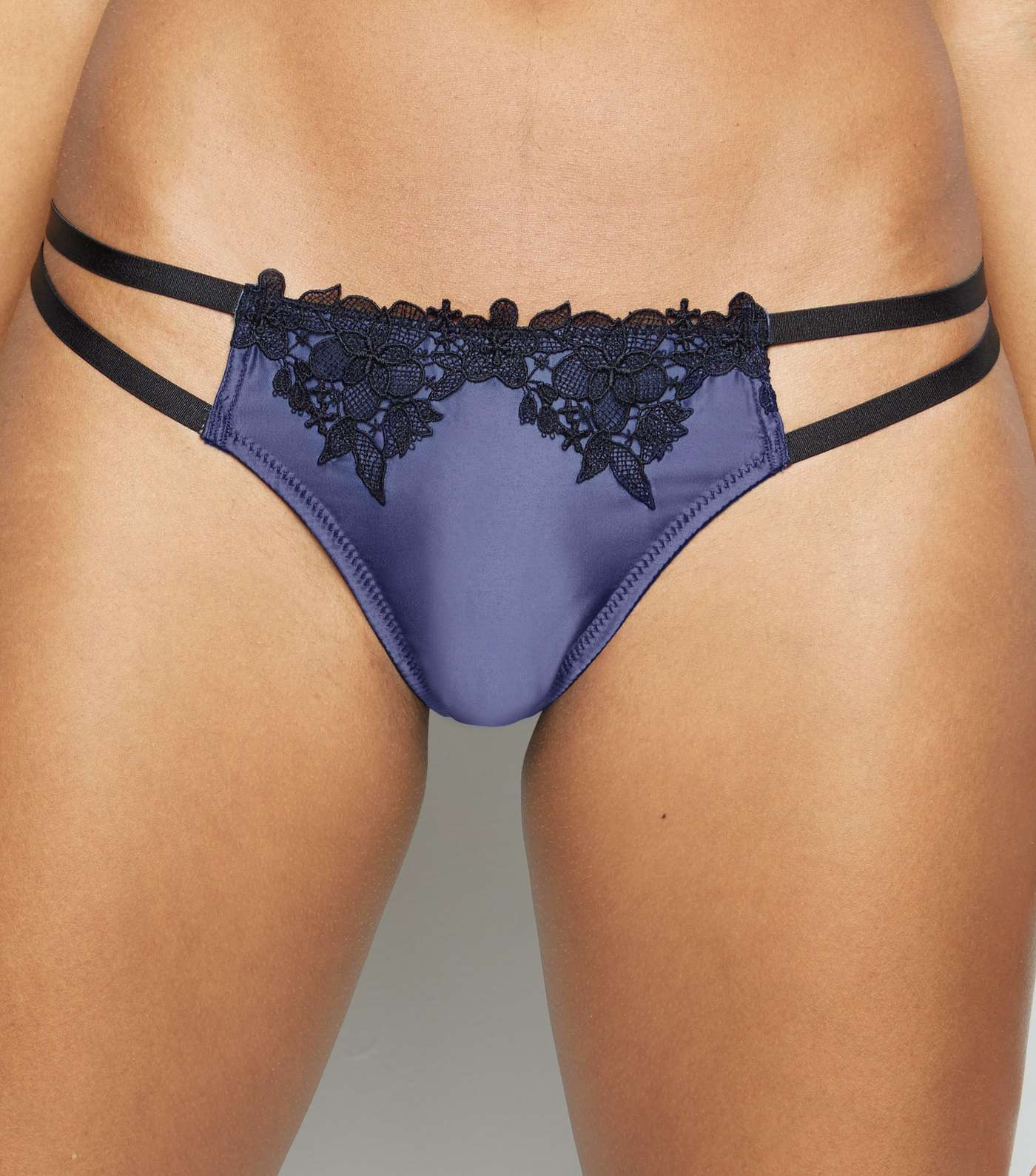 Navy Satin Guipure Lace Trim Thong 
