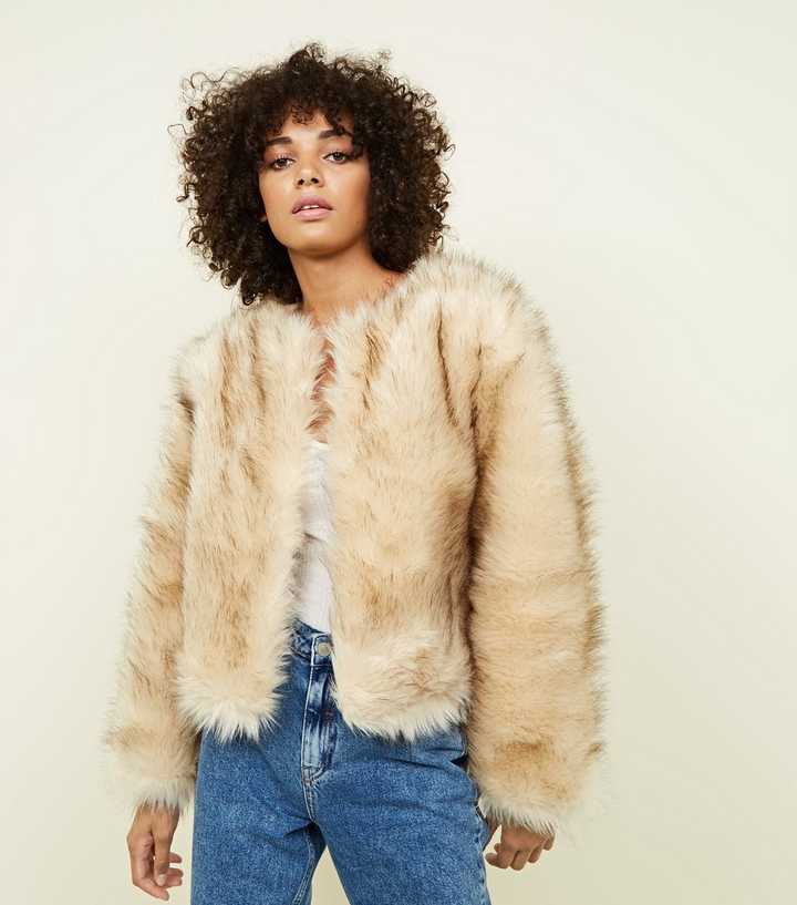Cream Faux Fur Cropped Collarless Jacket