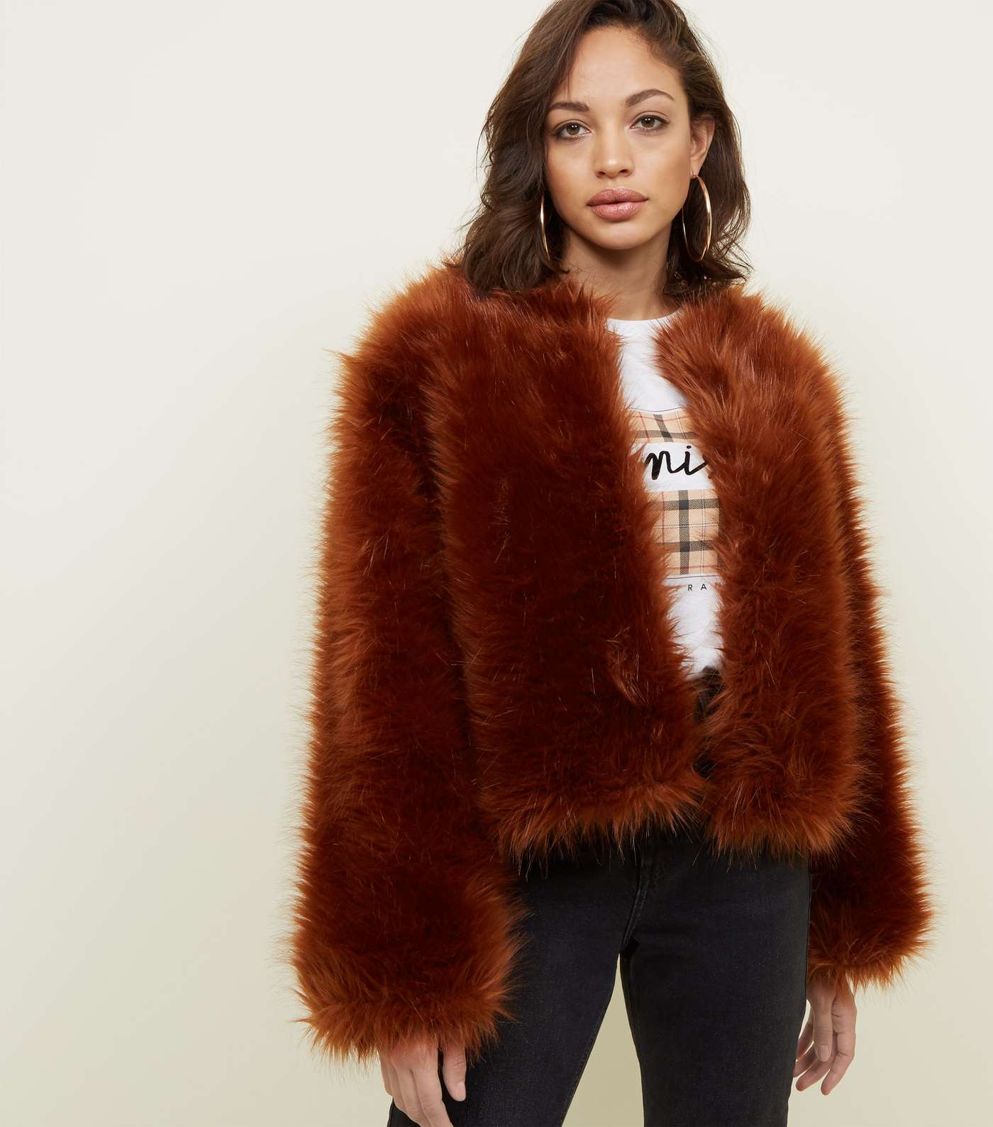 Rust Fax Fur Cropped Collarless Jacket