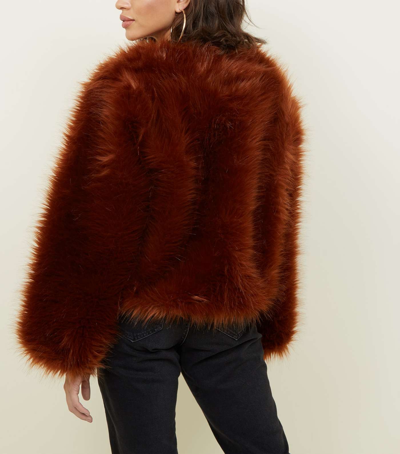 Rust Fax Fur Cropped Collarless Jacket Image 3