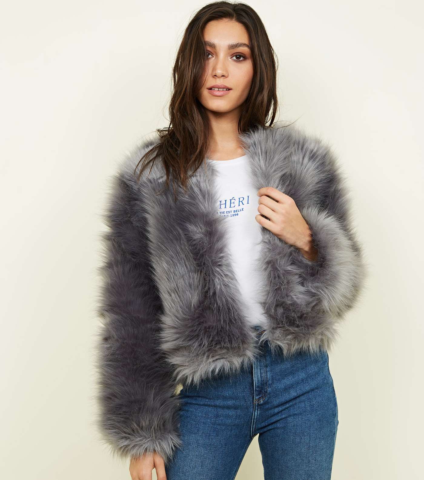 Grey Blue Faux Fur Cropped Collarless Jacket