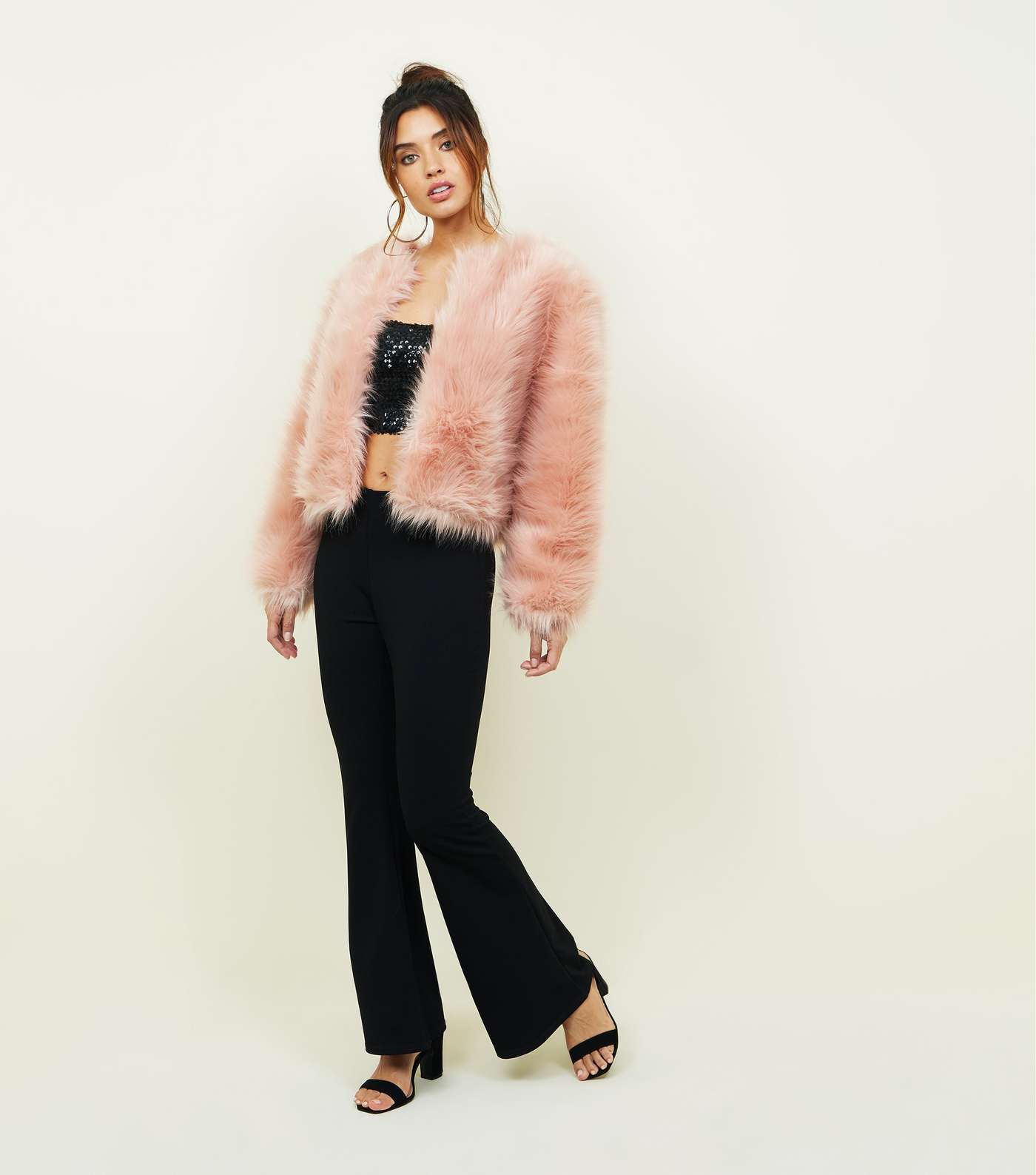 Mid Pink Faux Fur Cropped Collarless Jacket Image 2