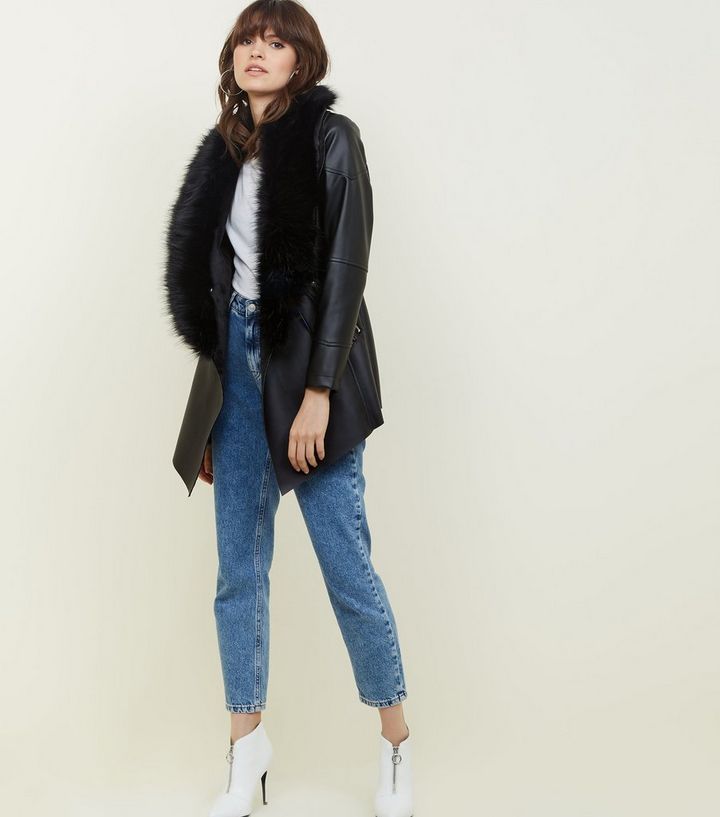 Black Faux Fur Collar Waterfall Jacket New Look