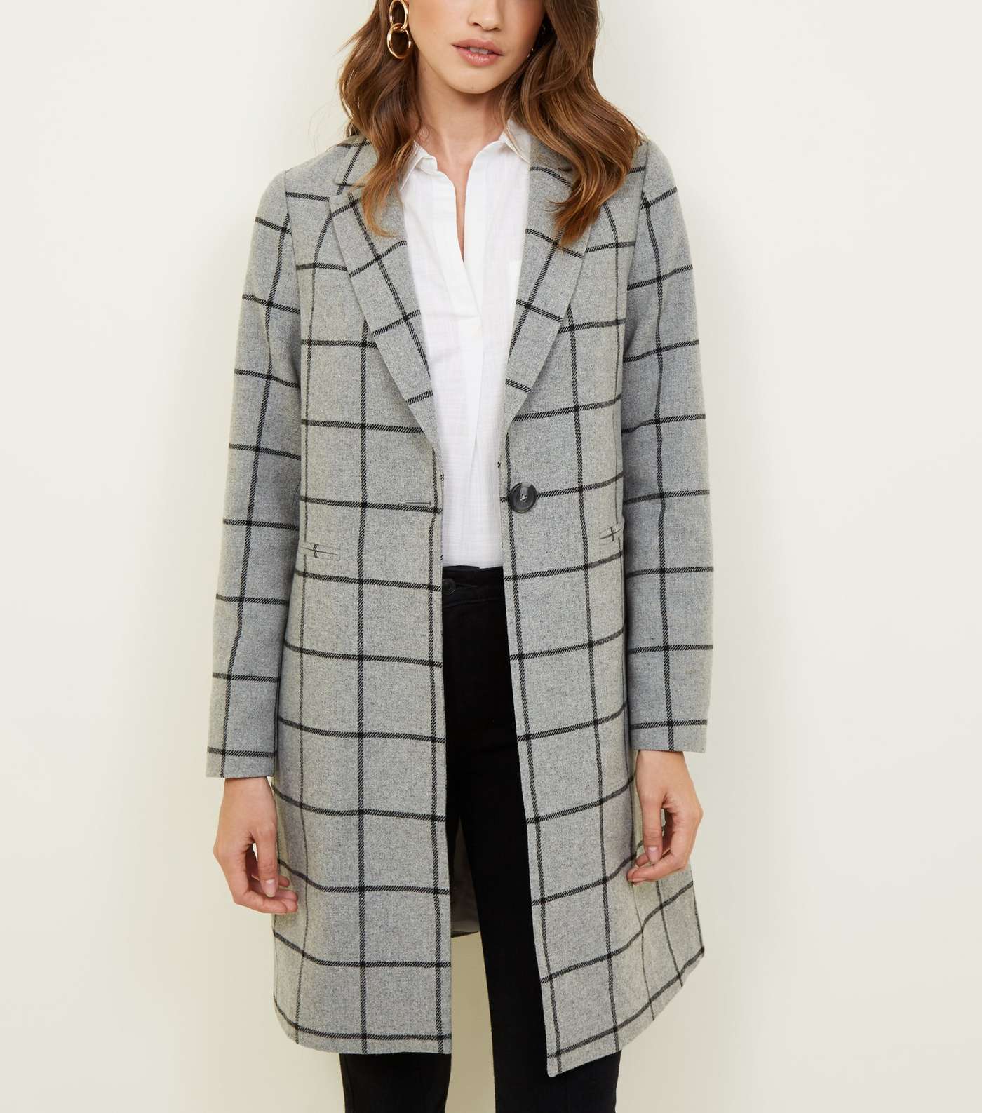 Grey Grid Check Long Coat 