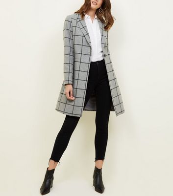 Grey Grid Check Long Coat New Look