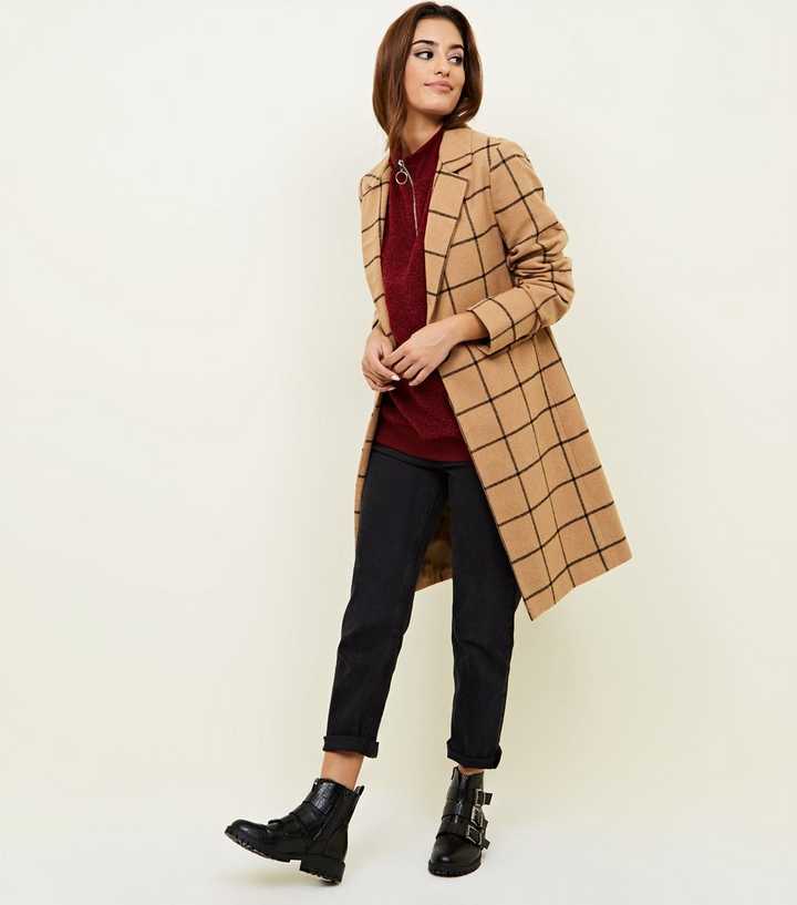 Camel Grid Check Longline Coat