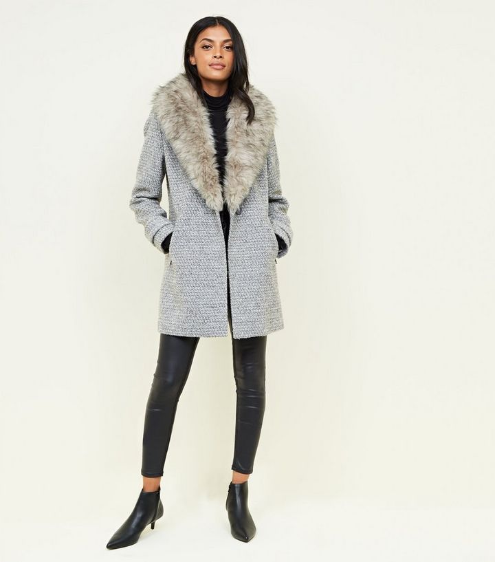 Grey Shawl Faux Fur Collar Coat New Look, Womens Fur Collar Coat Jacket