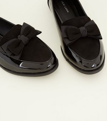 black patent loafers with bow