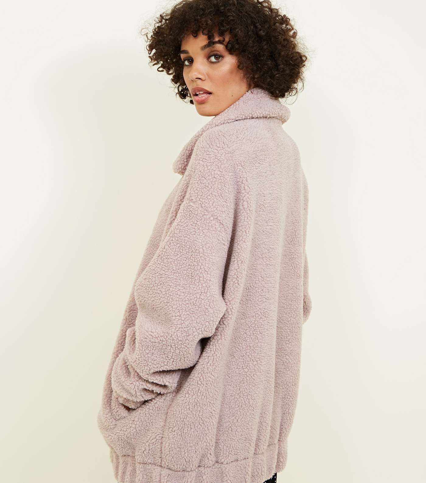 Lilac Faux Teddy Fur Bomber Jacket Image 3