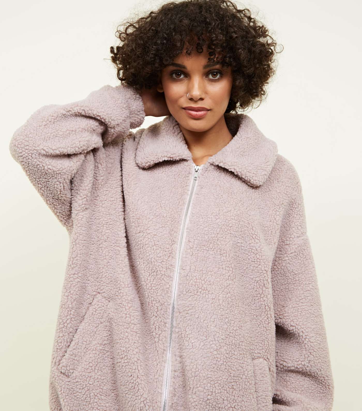 Lilac Faux Teddy Fur Bomber Jacket Image 5