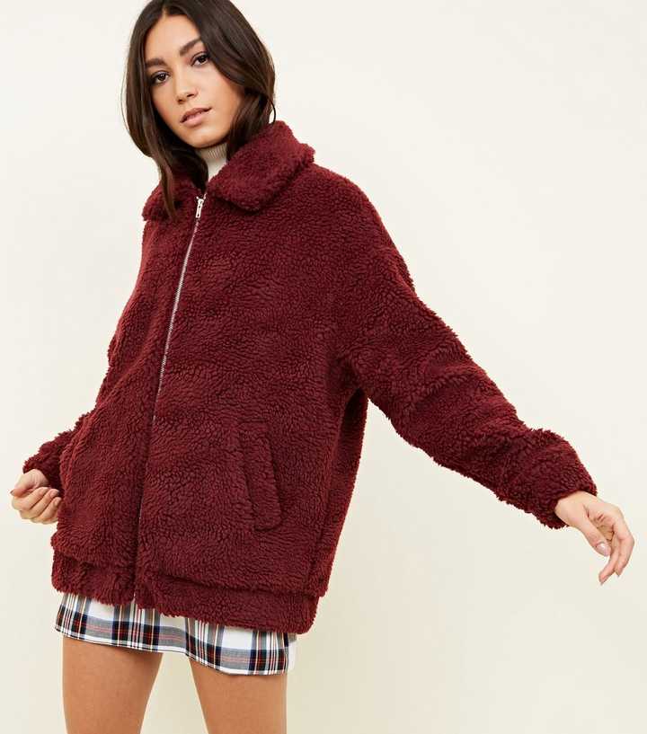 Burgundy Faux Teddy Fur Bomber Jacket